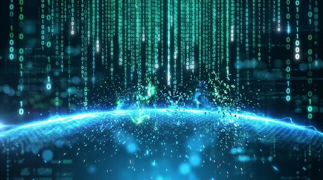 Abstract binary rain stopping at glowing blue barrier, firewall protection and cyber attack defense