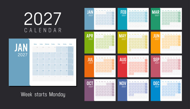 Year 2027 colorful minimalist monthly calendar on black background. Vector template, English language, week starts Monday.