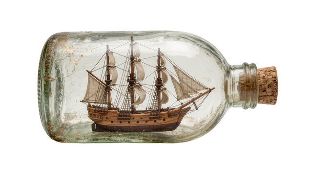 Detailed wooden sailing ship model inside a clear glass bottle with cork, isolated on transparent background