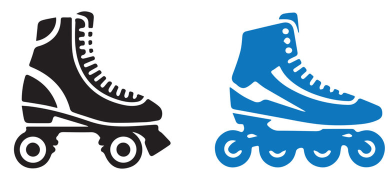 Roller Skate Vector Icon Set in Black and Blue, Retro Quad Skates and Inline Skating Shoes Isolated on White Background