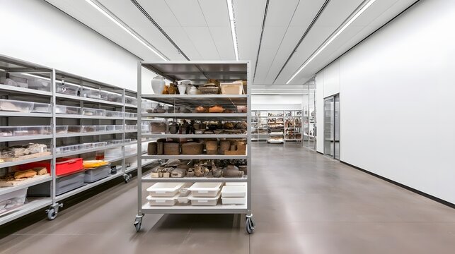 A clean  well lit storage room with metal shelving units holding various preserved artifacts and containers