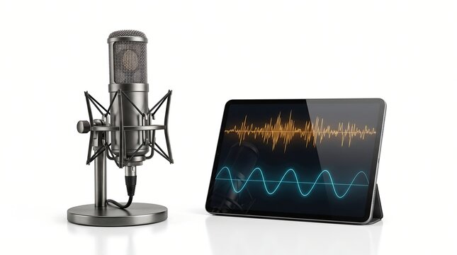 Studio Microphone and Tablet with Audio Waveforms on White Background
