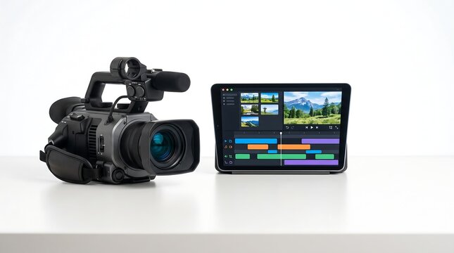 Compact Video Camera and Tablet with Video Editing Timeline on White Background