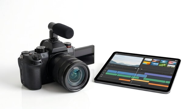 Compact Video Camera and Tablet with Video Editing Timeline on White Background
