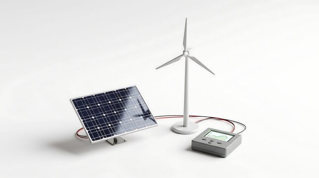 Miniature Solar Panel and Wind Turbine with Energy Controller on White Background
