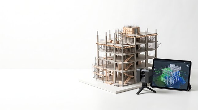 Architectural Building Scale Model with Surveying Scanner and Digital Structural Geometry on White Background