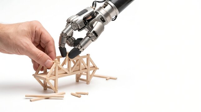 Human Hand and Robotic Hand Assembling a Wooden Bridge on White Background