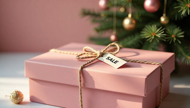 elegant pink gift box with a sale tag and rustic twine string against a festive Christmas tree background