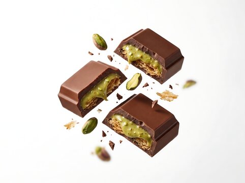 Luxury Pistachio Cream Filled Chocolate Squares Suspended in Midair on White Background