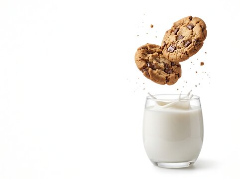 Floating Chocolate Chip Cookies Above a Glass of Milk on White Background