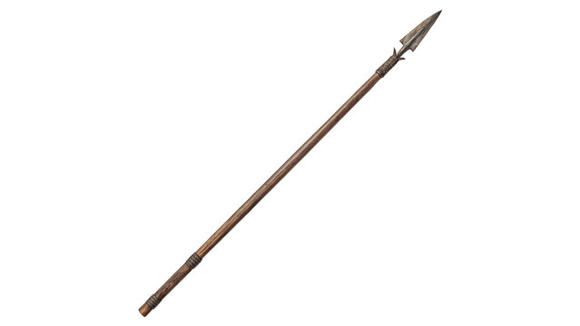 Ancient wooden spear with a sharp metallic iron arrowhead weapon isolated on transparent background.