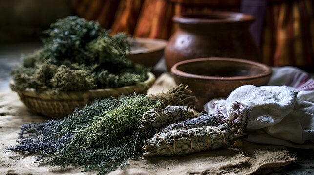 A rustic arrangement of dried herbs  sage bundles  and clay pots on a textured surface with warm ambient lighting