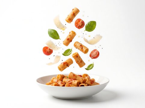 Floating Rigatoni Pasta with Cherry Tomatoes, Fresh Basil, and Parmesan on White Background