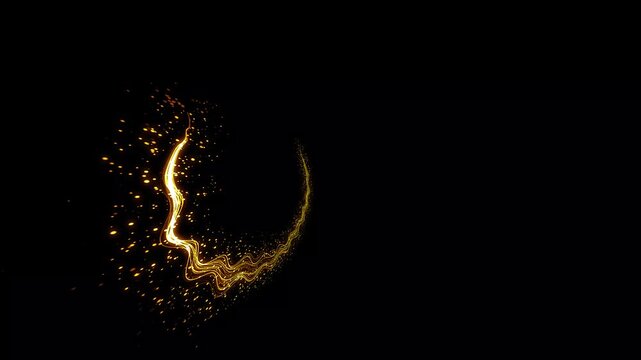 Golden glowing glitter particle trails create flowing light waves on a black background for cinematic motion graphics, abstract energy visuals, elegant title sequences, and professional video overlays