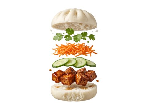 Steamed Bao Bun with Floating Tofu, Cucumber, Carrot, and Cilantro on White Background