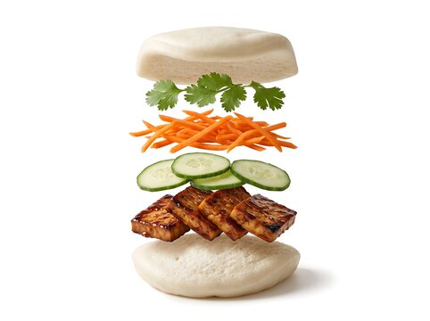 Steamed Bao Bun with Floating Tofu, Cucumber, Carrot, and Cilantro on White Background