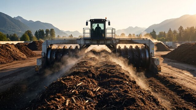 Industrial Composting Windrow Turner Aerating Organic Waste on Sustainable Municipal Facility