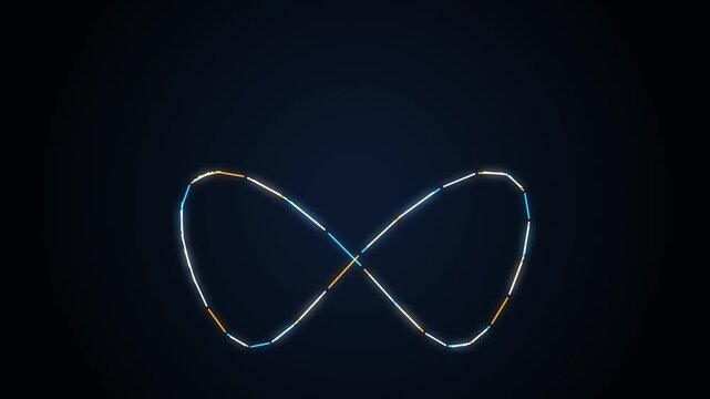 Neon infinity symbol animation with glowing dashed light trails on dark background
