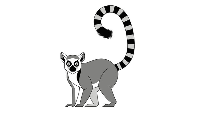 Flat vector illustration of a ring-tailed lemur in monochrome style. Cute wild animal character isolated on a white background.