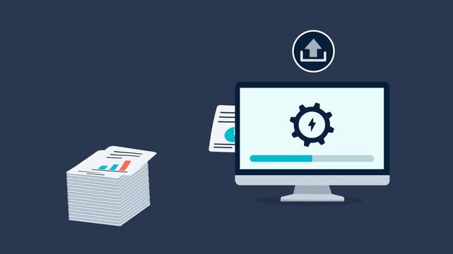 Paper Documents Automatically Transfer Into A Computer With An Upload Icon, Automation Gear, And Progress Bar. Flat 2D Animation. Automating  Office Workflow And Digital Transformation.