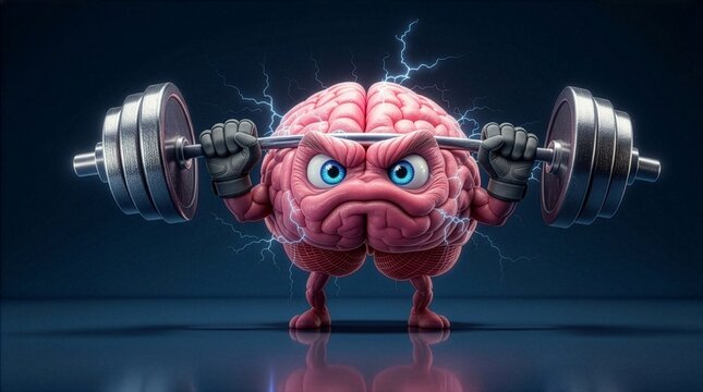 Conceptual 3D illustration of an angry strong brain character lifting a heavy barbell with lightning sparks around, representing mental power, cognitive training, psychology, and mind fitness.