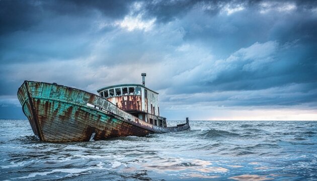 A stranded rusty wooden fishing boat sinking in rough ocean waves under a dramatic storm sky with heavy blue clouds, representing maritime disaster, environmental decay, and shipwreck concept.