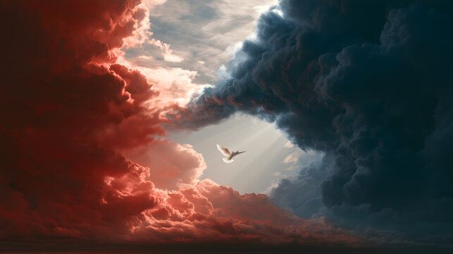 White dove flying through a gap between red and blue storm clouds, concept of peace amid political polarization