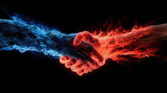 Handshake of blue and red fire hands on a black background, concept of compromise between opposing sides