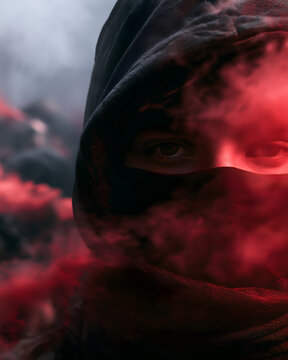Close-up portrait of a hooded protester with a covered face and red smoke drifting across the eyes