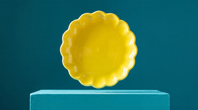 Yellow Scalloped Enamel Plate Displayed on Teal Stand