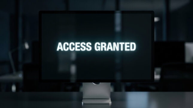 Cybersecurity data protection access granted message glowing on dark computer monitor in secure office with dramatic lighting and relief