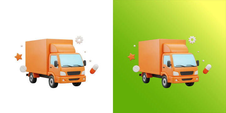 Orange delivery truck with a box cargo container, accompanied by small floating isolated on a white background, 3d rendered