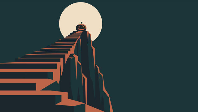 Halloween Jack O Lantern at the Top of Mysterious Stairway Under Full Moon