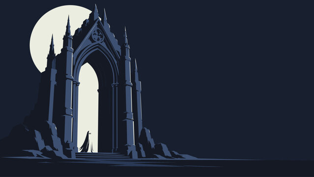 Gothic Ruins with Ghost Under Full Moon &ndash; Dark Fantasy Halloween