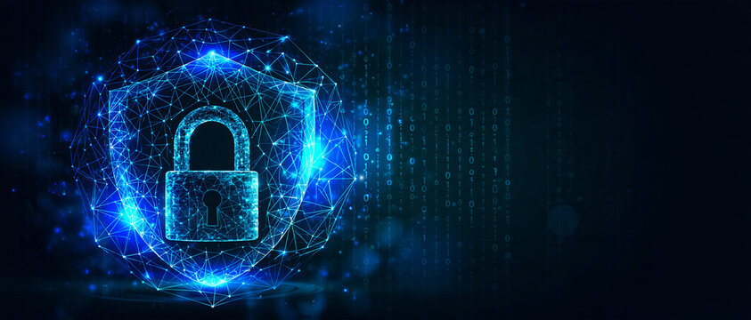 Banni&egrave;re de cybers&eacute;curit&eacute; : bouclier de donn&eacute;es lumineux avec cadenas et r&eacute;seau de n&oelig;uds connect&eacute;s sur fond noir