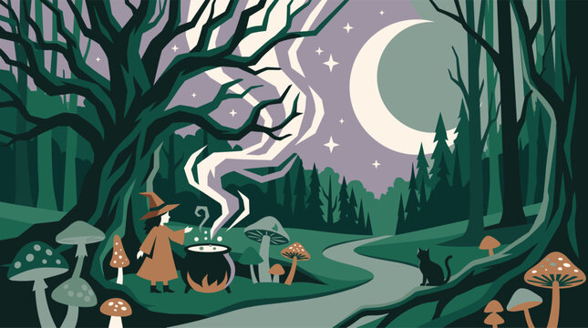 Witch Brewing Magic Potion in Enchanted Forest Under Crescent Moon &ndash; Halloween