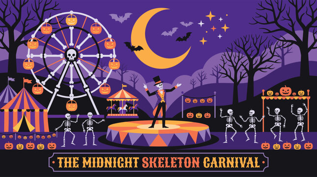 Halloween Skeleton Carnival with Ferris Wheel, Dancing Skeletons and Pumpkin Decorations