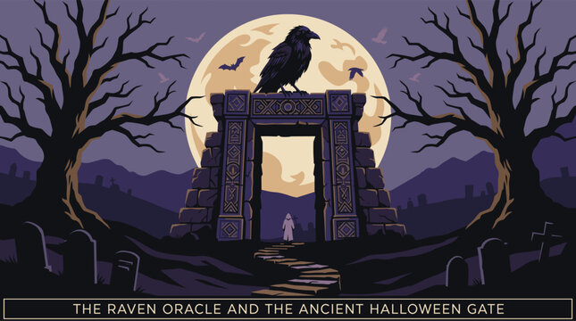 Raven on Ancient Gothic Gate Under Full Moon &ndash; Dark Halloween Graveyard
