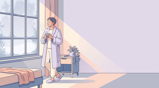 Man in robe holding steaming mug looking at snowy window in cozy