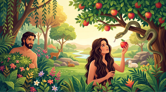 Biblical Vector Illustration of Adam and Eve, Serpent Deceiving Eve with Forbidden Fruit Apple in Garden of Eden