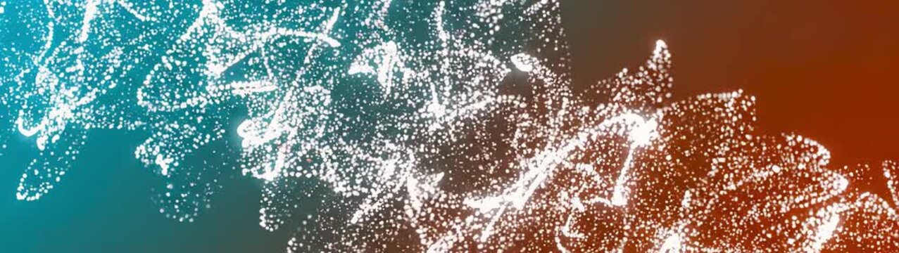 Cosmic particles forming luminous patterns across a dark celestial field evoking interstellar dust and a distant nebula.