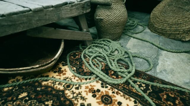 In a rustic setting, knotted green ropes lie on patterned rugs, surrounded by woven baskets and wooden furniture. The atmosphere evokes warmth and simplicity.