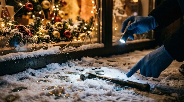Forensic investigator using flashlight pointing at hammer weapon on snow near broken glass window outside decorated store