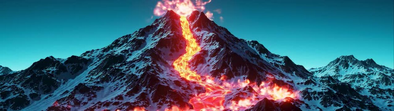 Snow covered volcano rising above rugged alpine ridges its summit marked by fiery fissures beneath an open sky.