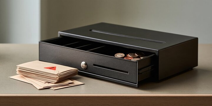 Open Cash Register With Envelopes and Coins