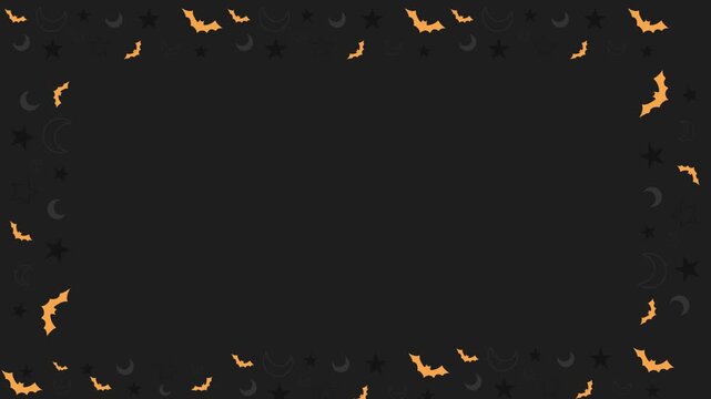 Halloween bat border animation, flying orange bats on black background, spooky holiday frame with copy space, minimalist seasonal video background