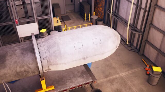 Inside a modern workshop, a sleek spacecraft component rests on a platform, surrounded by tools and equipment. The industrial space buzzes with innovation and engineering creativity.