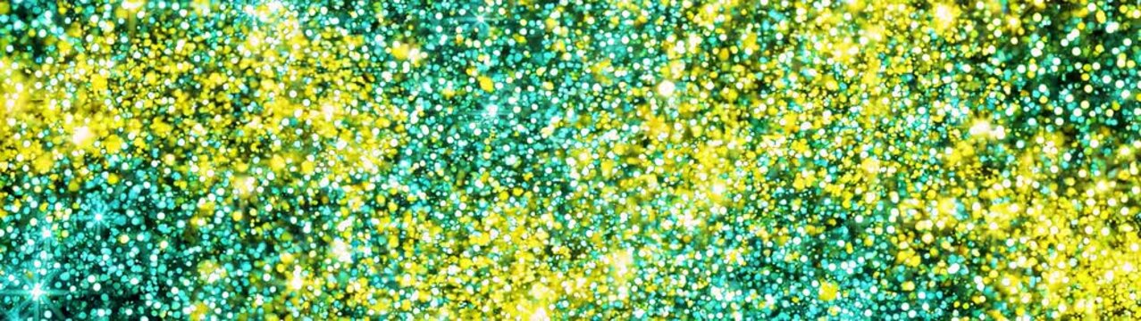 Teal and gold glitter forming a shimmering festive pattern with sparkling lights suited to party decor invitations and seasonal events.