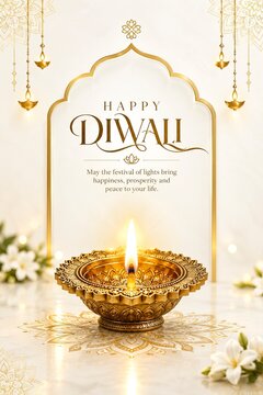 Happy Diwali Greeting Poster Featuring Ornate Brass Oil Lamp, Glowing Flame, Floral Decorations, Golden Rangoli, White Flowers, Traditional Indian Festival and Elegant Festive Design