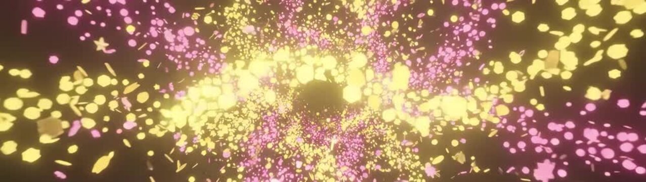 Pink and yellow confetti particles forming a luminous tunnel across a dark banner suggesting a festive celebration.